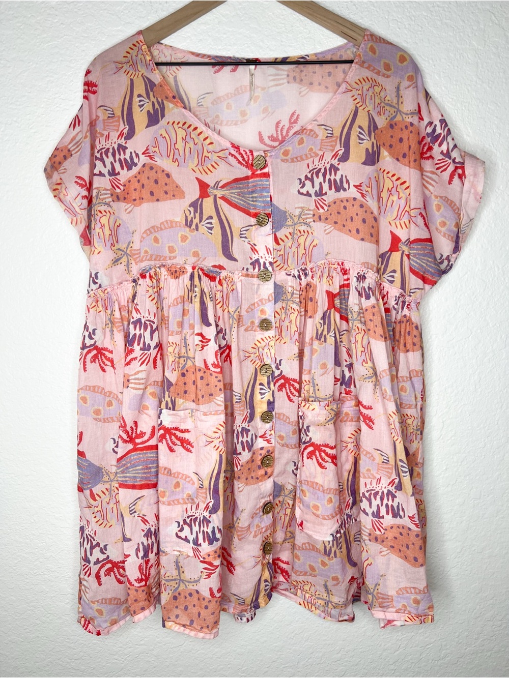 Free People Oceana Mini Dress Pink Fish Print Babydoll Button Up size Small - Picture 4 of 9